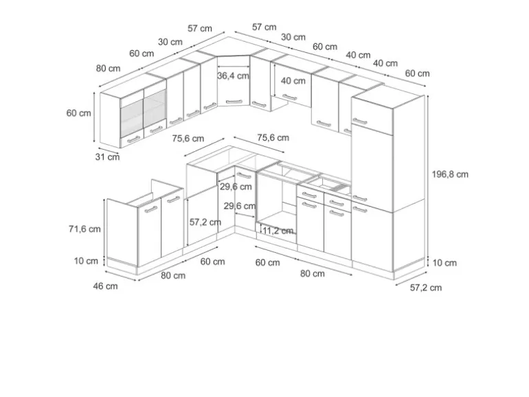 Vicco R-Line Einbauküche in L-Form Schwarz Beton/Goldkraft Eiche 227 x 287 cm ohne Arbeitsplatte ohne E-Geräte