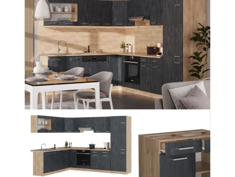 Vicco R-Line Einbauküche in L-Form Schwarz Beton/Goldkraft Eiche 227 x 287 cm AP Marmor ohne E-Geräte