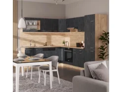 Vicco R-Line Einbauküche in L-Form Schwarz Beton/Goldkraft Eiche 227 x 287 cm AP Marmor ohne E-Geräte