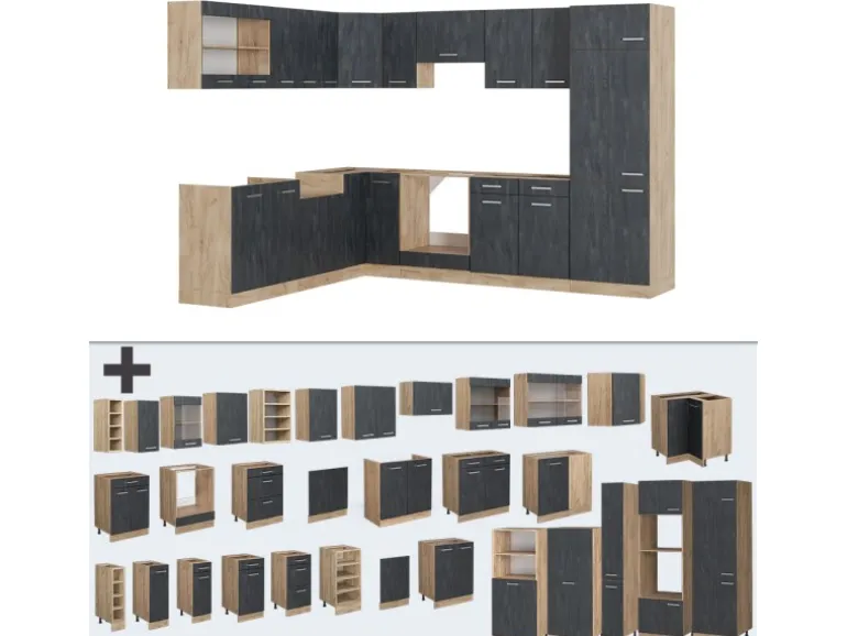 Vicco R-Line Einbauküche in L-Form Schwarz Beton/Goldkraft Eiche 227 x 287 cm AP Marmor ohne E-Geräte