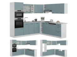 Vicco R-Line Einbauküche in L-Form Blau-Grau/Weiß 237 x 247 cm AP Eiche ohne E-Geräte