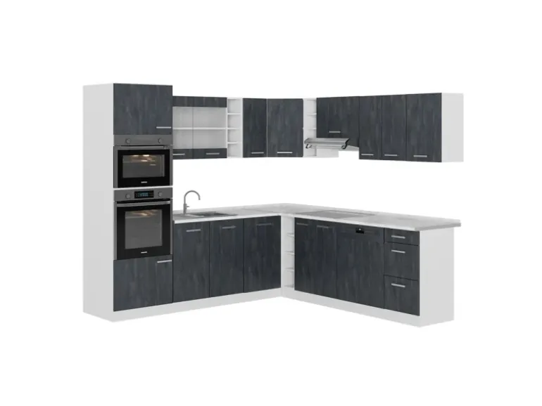 Vicco R-Line Einbauküche in L-Form Schwarz Beton/Weiß 237 x 247 cm AP Marmor ohne E-Geräte