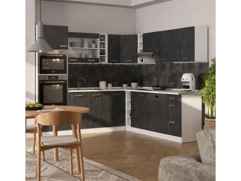 Vicco R-Line Einbauküche in L-Form Schwarz Beton/Weiß 237 x 247 cm AP Marmor ohne E-Geräte