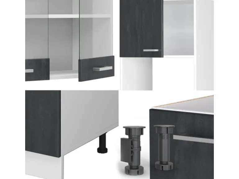 Vicco R-Line Einbauküche in L-Form Schwarz Beton/Weiß 237 x 247 cm AP Marmor ohne E-Geräte