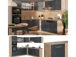 Vicco R-Line Einbauküche in L-Form Schwarz Beton/Goldkraft Eiche 237 x 247 cm AP Marmor ohne E-Geräte