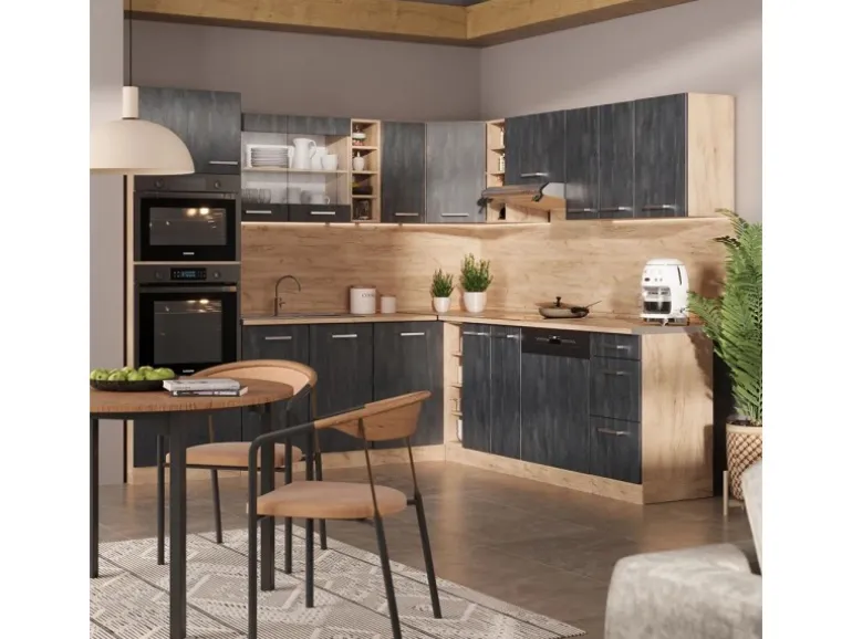 Vicco R-Line Einbauküche in L-Form Schwarz Beton/Goldkraft Eiche 237 x 247 cm AP Marmor ohne E-Geräte