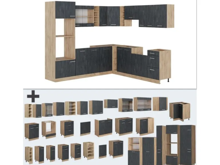 Vicco R-Line Einbauküche in L-Form Schwarz Beton/Goldkraft Eiche 237 x 247 cm AP Marmor ohne E-Geräte