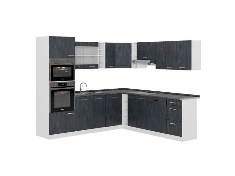 Vicco R-Line Einbauküche Schwarz Beton/Weiß 237 x 247 cm AP Anthrazit ohne E-Geräte