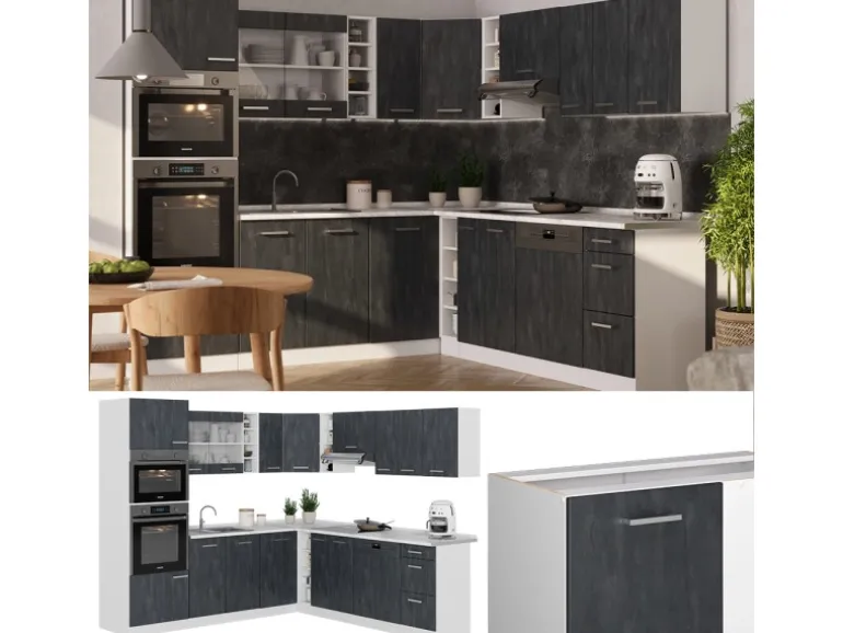 Vicco R-Line Einbauküche Schwarz Beton/Weiß 237 x 247 cm AP Anthrazit ohne E-Geräte