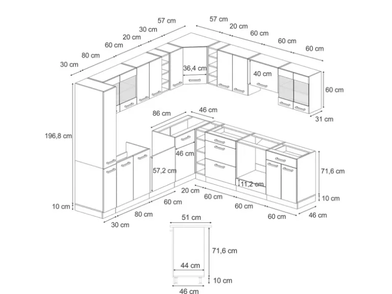Vicco R-Line Einbauküche Schwarz Beton/Weiß 237 x 247 cm AP Anthrazit ohne E-Geräte
