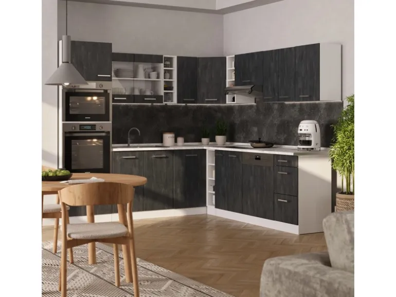 Vicco R-Line Einbauküche Schwarz Beton/Weiß 237 x 247 cm AP Anthrazit ohne E-Geräte