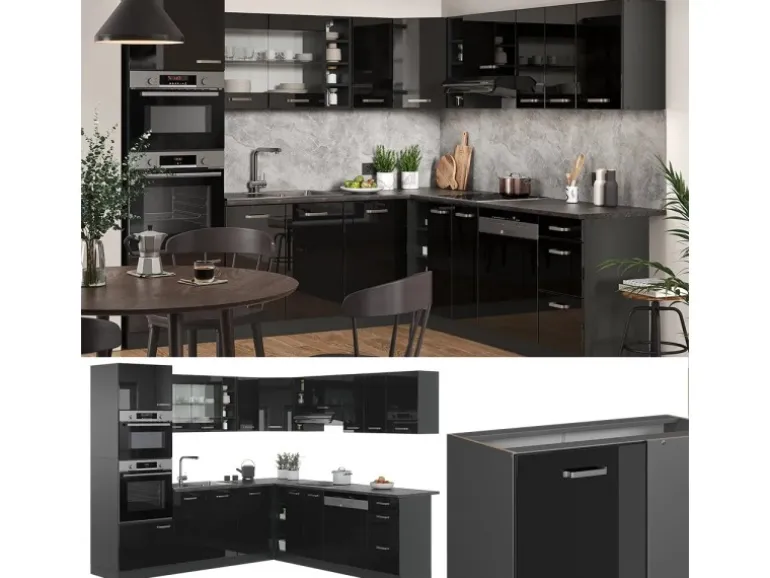 Vicco R-Line Einbauküche Schwarz Hochglanz/Anthrazit 237 x 60 cm ohne Arbeitsplatte ohne E-Geräte