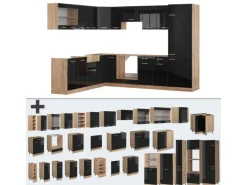 Vicco R-Line Einbauküche Schwarz Hochglanz/Goldkraft Eiche 227 x 287 cm ohne Arbeitsplatte ohne E-Geräte