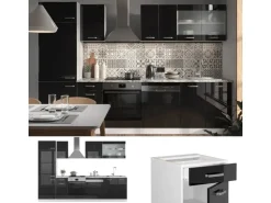 Vicco R-Line Küche Schwarz Hochglanz/Weiß 300 cm AP Anthrazit ohne E-Geräte