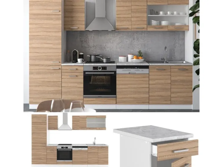 Vicco R-Line Küche Sonoma 300 cm AP Marmor ohne E-Geräte