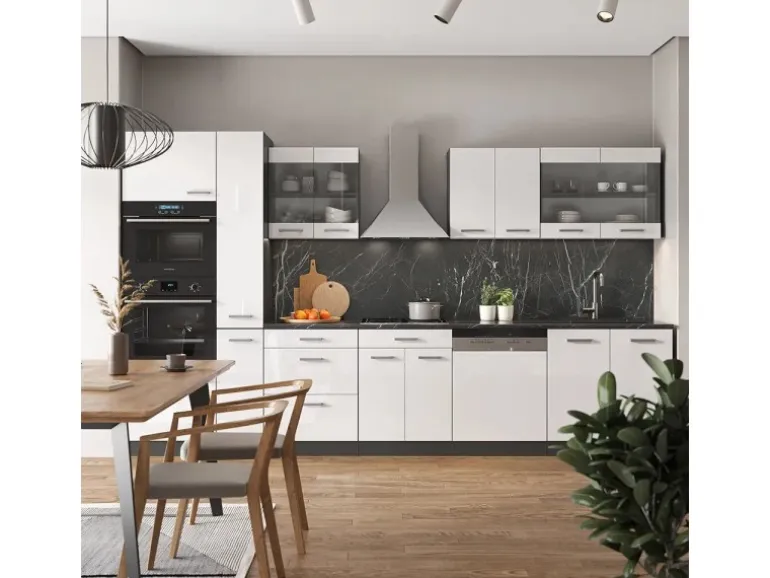 Vicco R-Line Küche Weiß Hochglanz/Anthrazit 350 cm mit Hochschrankohne Arbeitsplatte ohne E-Geräte