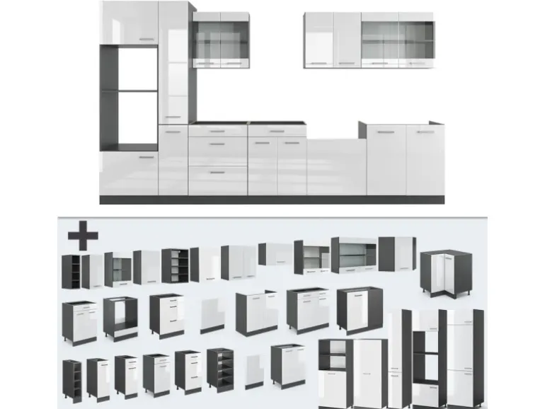 Vicco R-Line Küche Weiß Hochglanz/Anthrazit 350 cm mit Hochschrankohne Arbeitsplatte ohne E-Geräte