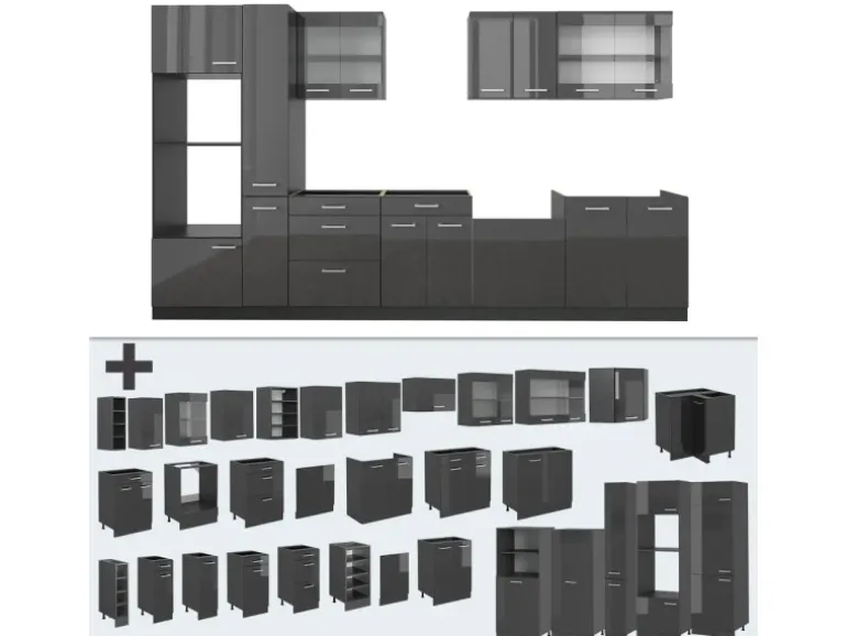 Vicco R-Line Küchenzeile Anthrazit Hochglanz/Anthrazit 350 cm AP Marmor ohne E-Geräte