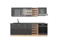 Vicco R-Line Küchenzeile Anthrazit Hochglanz/Goldkraft Eiche 240 cm AP Anthrazit ohne E-Geräte