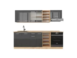 Vicco R-Line Küchenzeile Anthrazit Hochglanz/Goldkraft Eiche 240 cm ohne Arbeitsplatte ohne E-Geräte