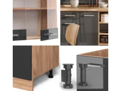 Vicco R-Line Küchenzeile Anthrazit Hochglanz/Goldkraft Eiche 240 cm ohne Arbeitsplatte ohne E-Geräte