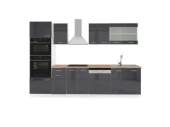 Vicco R-Line Küchenzeile Anthrazit Hochglanz/Weiß 300 cm mit HochschrankAP Eiche ohne E-Geräte