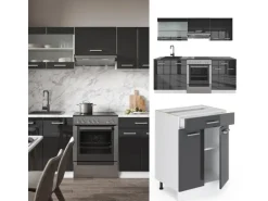 Vicco R-Line Küchenzeile Anthrazit Hochglanz/Weiß 200 cm AP Eiche ohne E-Geräte