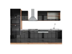 Vicco R-Line Küchenzeile Anthrazit Hochglanz/Goldkraft Eiche 300 cm mit HochschrankAP Marmor ohne E-Geräte