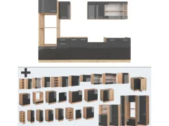 Vicco R-Line Küchenzeile Anthrazit Hochglanz/Goldkraft Eiche 300 cm mit HochschrankAP Marmor ohne E-Geräte
