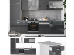 Vicco R-Line Küchenzeile Anthrazit Hochglanz/Weiß 300 cm AP Marmor ohne E-Geräte