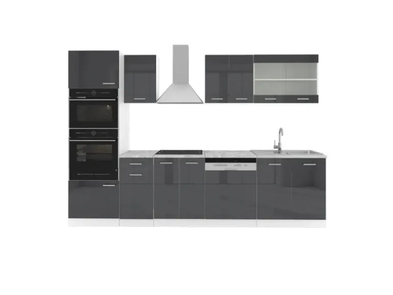 Vicco R-Line Küchenzeile Anthrazit Hochglanz/Weiß 300 cm mit HochschrankAP Marmor ohne E-Geräte