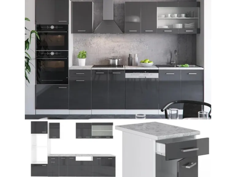 Vicco R-Line Küchenzeile Anthrazit Hochglanz/Weiß 300 cm mit HochschrankAP Marmor ohne E-Geräte