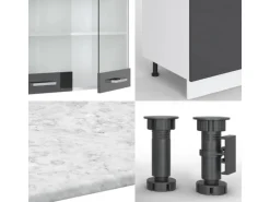 Vicco R-Line Küchenzeile Anthrazit Hochglanz/Weiß 300 cm mit HochschrankAP Marmor ohne E-Geräte