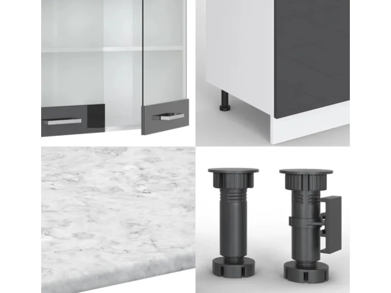 Vicco R-Line Küchenzeile Anthrazit Hochglanz/Weiß 300 cm mit HochschrankAP Marmor ohne E-Geräte