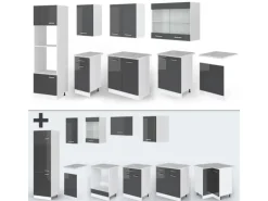 Vicco R-Line Küchenzeile Anthrazit Hochglanz/Weiß 300 cm mit HochschrankAP Marmor ohne E-Geräte