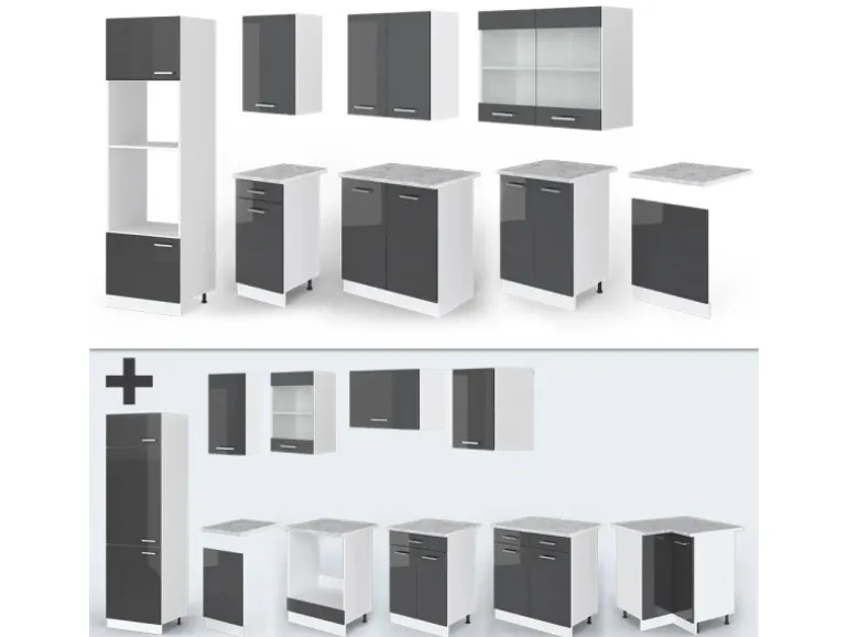 Vicco R-Line Küchenzeile Anthrazit Hochglanz/Weiß 300 cm mit HochschrankAP Marmor ohne E-Geräte