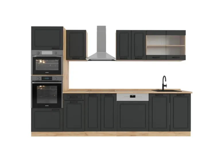 Vicco R-Line Küchenzeile Anthrazit Landhaus/Goldkraft Eiche 300 cm mit Hochschrankohne Arbeitsplatte ohne E-Geräte