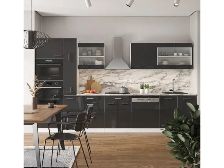 Vicco R-Line Küchenzeile Anthrazit Hochglanz/Weiß 350 cm mit Hochschrankohne Arbeitsplatte ohne E-Geräte