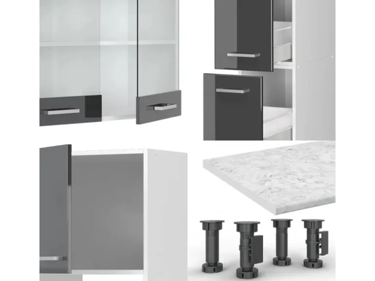 Vicco R-Line Küchenzeile Anthrazit Hochglanz/Weiß 350 cm mit Hochschrankohne Arbeitsplatte ohne E-Geräte