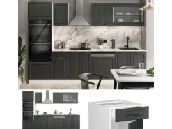 Vicco R-Line Küchenzeile Anthrazit Landhaus/Weiß 300 cm mit HochschrankAP Marmor ohne E-Geräte