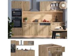 Vicco R-Line Küchenzeile Artisan-Eiche/Goldkraft Eiche 300 cm mit HochschrankAP Marmor ohne E-Geräte