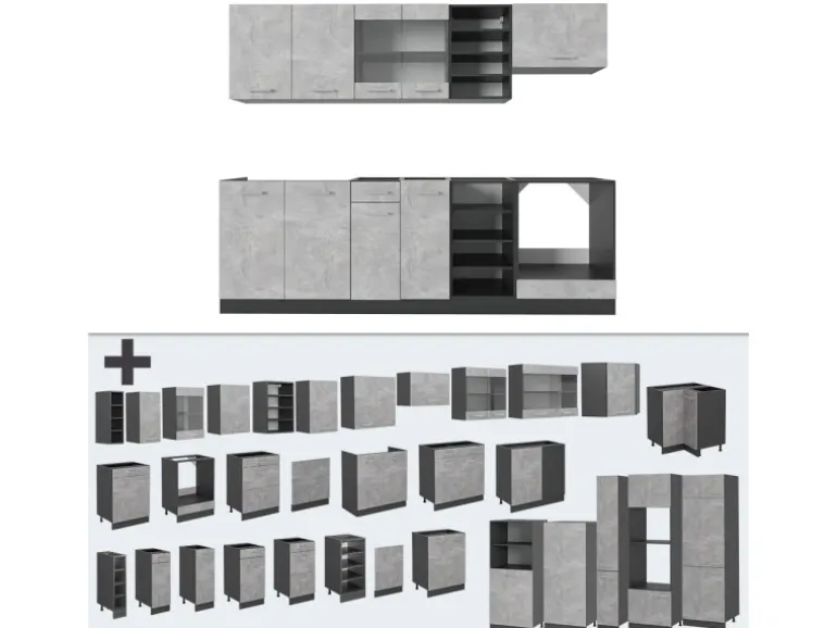 Vicco R-Line Küchenzeile Beton/Anthrazit 240 cm AP Eiche ohne E-Geräte