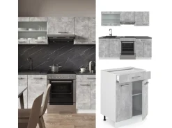 Vicco R-Line Küchenzeile Beton/Weiß 200 cm AP Eiche ohne E-Geräte