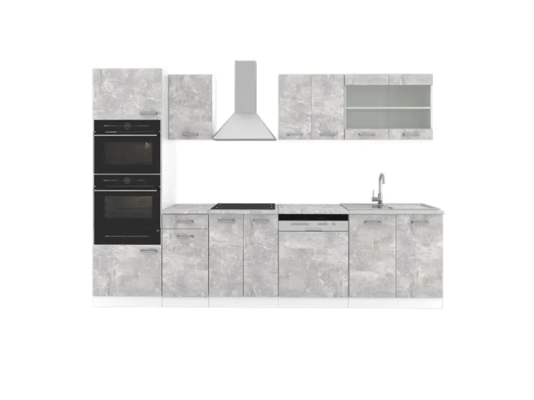 Vicco R-Line Küchenzeile Beton 300 cm mit HochschrankAP Marmor ohne E-Geräte