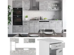 Vicco R-Line Küchenzeile Beton 300 cm mit HochschrankAP Marmor ohne E-Geräte