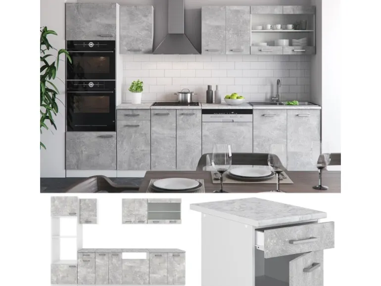 Vicco R-Line Küchenzeile Beton 300 cm mit HochschrankAP Marmor ohne E-Geräte