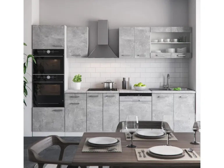 Vicco R-Line Küchenzeile Beton 300 cm mit HochschrankAP Marmor ohne E-Geräte