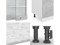 Vicco R-Line Küchenzeile Beton 300 cm mit HochschrankAP Marmor ohne E-Geräte