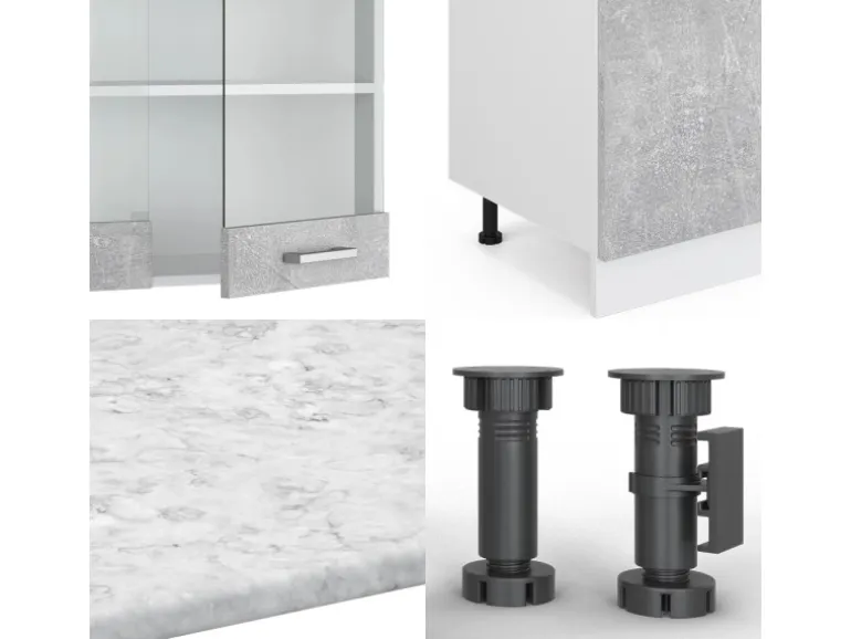 Vicco R-Line Küchenzeile Beton 300 cm mit HochschrankAP Marmor ohne E-Geräte