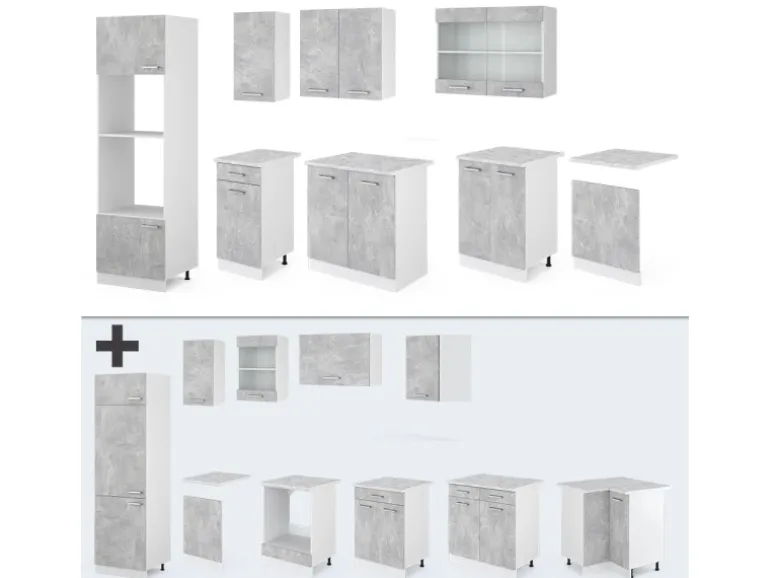 Vicco R-Line Küchenzeile Beton 300 cm mit HochschrankAP Marmor ohne E-Geräte